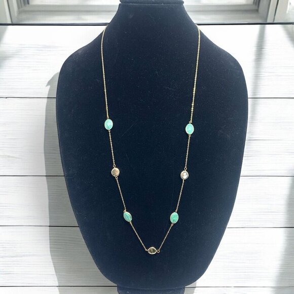 Vivace Gold Tone Station Necklace With Green Bezel Set Stones 34"L With 2.5" Ext - Picture 1 of 6